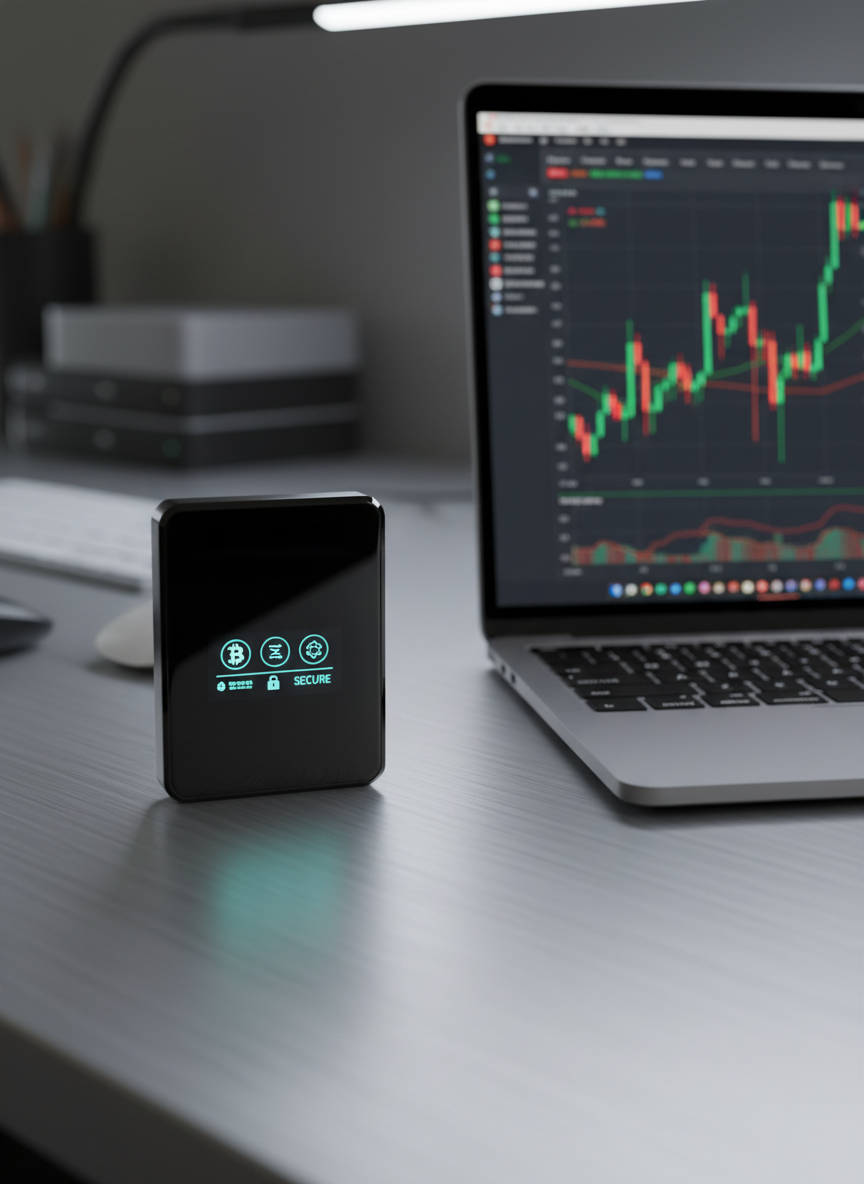 A close-up of a polished black hardware cryptocurrency wallet resting on a brushed aluminum desk beside a slim, high-end laptop displaying a blurred candlestick chart on its screen. The wallet’s small OLED display glows with a crisp, turquoise interface showing multiple coin icons and a subtle padlock symbol. Ambient cool-white LED light from an unseen monitor casts soft reflections on the metallic textures and faint shadows along the desk’s grain. Captured from an eye-level, side-on angle using a medium depth of field, the background gently blurs into an array of indistinct, modern tech peripherals. The atmosphere is professional, secure, and data-driven, rendered in photographic realism with a clean, contemporary business-news aesthetic.