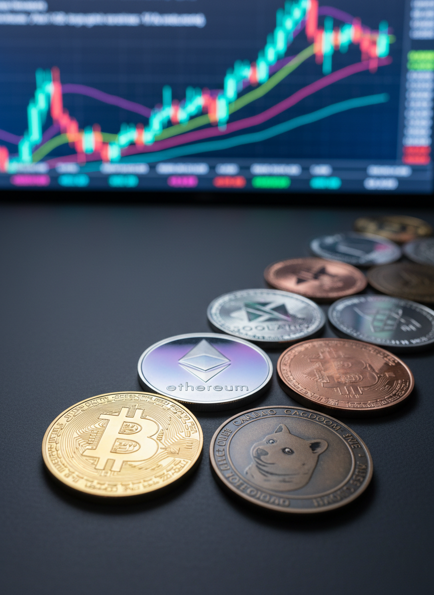 An array of glossy physical cryptocurrency coins—Bitcoin, Ethereum, Solana, and others—spreading diagonally across a matte charcoal surface, each coin intricately engraved and finished in distinct metallic tones: warm gold, cool silver, and iridescent titanium. Behind them, a large, out-of-focus LED screen shows multi-colored crypto market charts and order books, forming a vibrant yet controlled backdrop. Cool, diffused studio lighting from above highlights the embossed logos and ridged edges, casting precise, soft-edged shadows. Shot from a low, macro-style angle along the plane of the coins, with a shallow depth of field emphasizing the foreground tokens. The overall mood is analytical and market-focused, with photographic realism and a polished, professional style ideal for financial and blockchain news journalism.