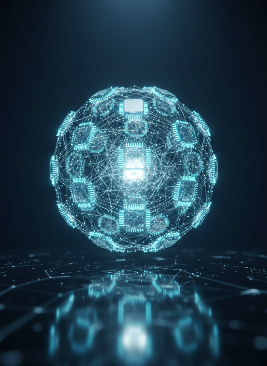 A sleek, semi-transparent 3D blockchain network sphere hovering above a dark, reflective glass surface, each node rendered as a luminous hexagonal chip with crisp cyan and electric-blue edges. Thin, glowing connections form a complex geometric lattice, radiating from a central, brighter core. The environment is a minimalist, high-tech studio with a deep navy gradient background. Cool, directional studio lighting creates sharp reflections and subtle rim highlights along the sphere, emphasizing depth and structure. Captured at a slightly elevated three-quarter angle with a shallow depth of field, edges softly fading into bokeh. The mood is professional, cutting-edge, and analytical, with photographic realism and a clean, modern aesthetic suited to authoritative blockchain news coverage.